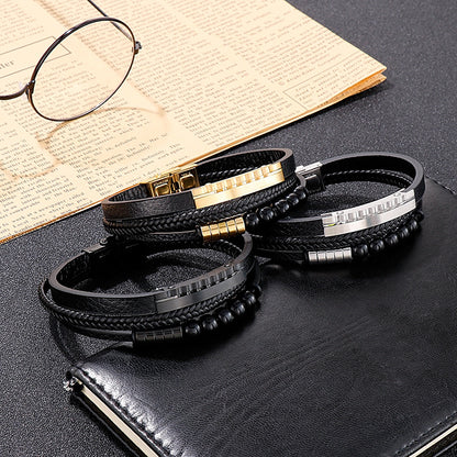 Mehrlagiges geflochtenes Lederarmband mit Edelstahl & geometrischen Perlen – Handgefertigter Unikatschmuck