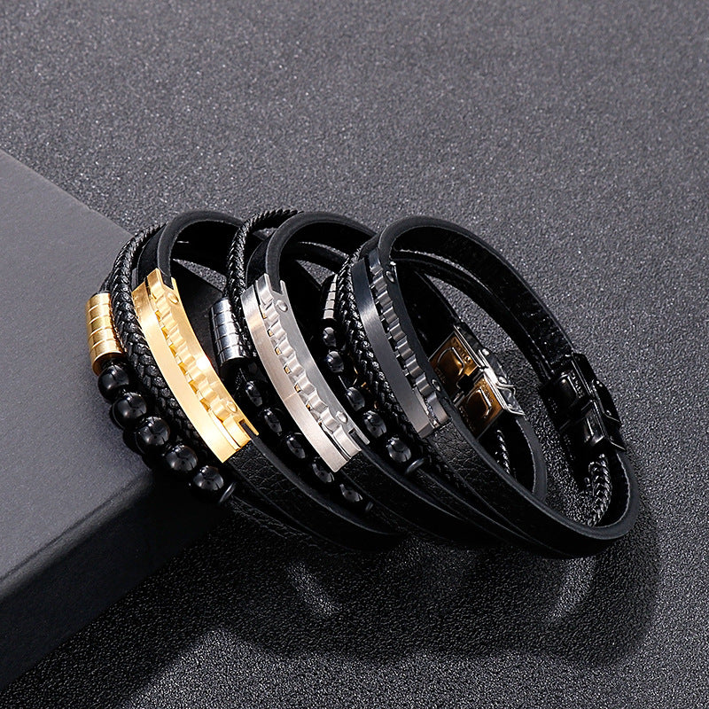 Mehrlagiges geflochtenes Lederarmband mit Edelstahl & geometrischen Perlen – Handgefertigter Unikatschmuck