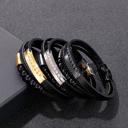 Mehrlagiges geflochtenes Lederarmband mit Edelstahl & geometrischen Perlen – Handgefertigter Unikatschmuck
