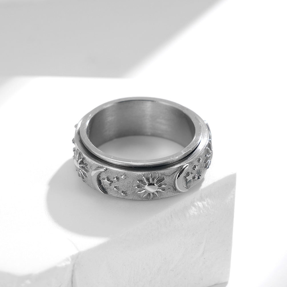 Stern-Mond-Sonne Titanring | Drehbarer Anti-Stress-Ring - 316L Edelstahl mit Himmelsmotiv