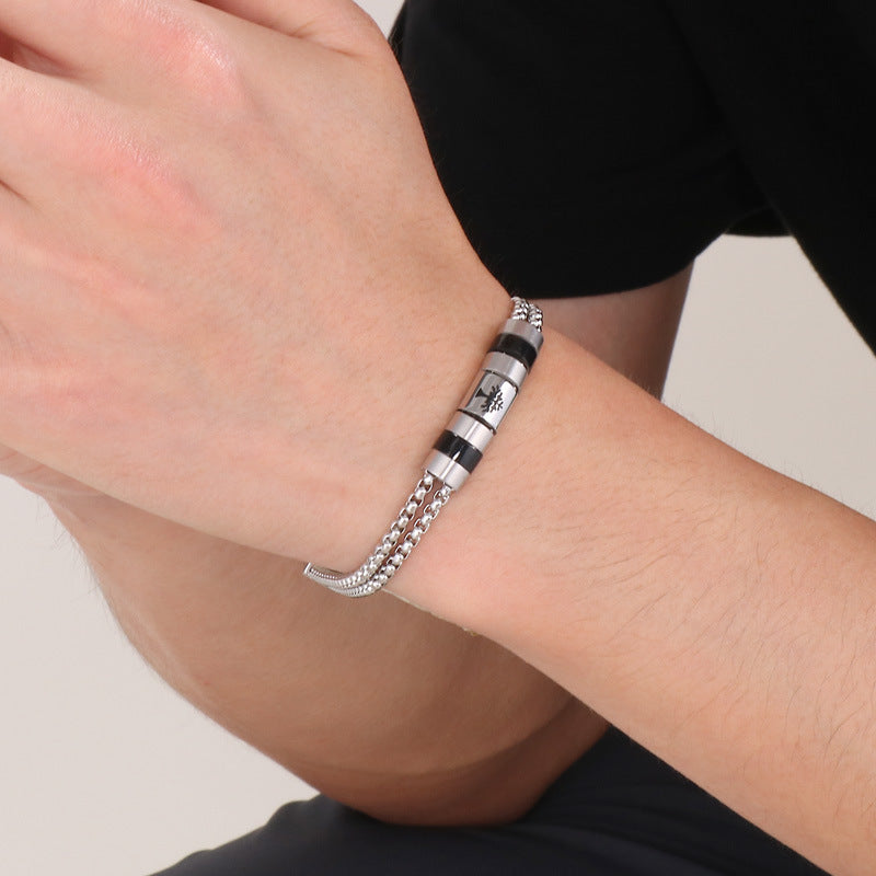 Edelstahl-Armband für Männer mit maritimen Motiven - Anker, Steuerrad, Lebensbaum und Sterne in 2-lagigem Design