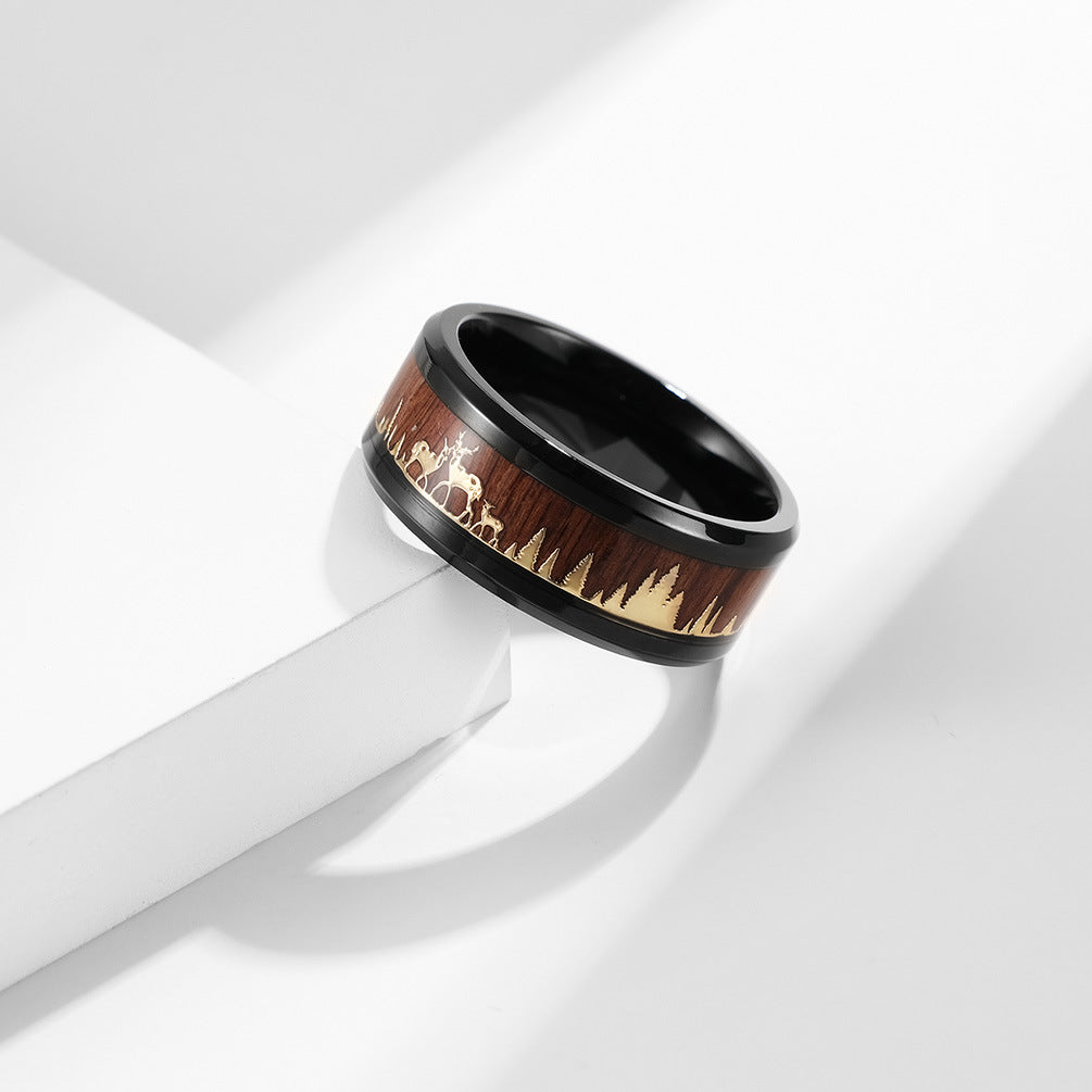 Wildhirsch Titanstahl Ring mit Holzoptik - Naturinspirierter Männerschmuck - Waldmotiv Ehering - Rustikaler Holz & Metall Ring