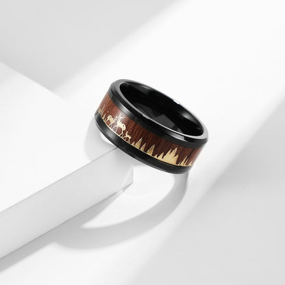 Wildhirsch Titanstahl Ring mit Holzoptik - Naturinspirierter Männerschmuck - Waldmotiv Ehering - Rustikaler Holz & Metall Ring