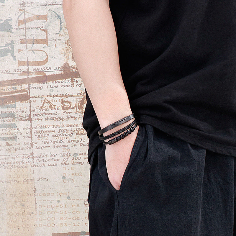 Mehrlagiges geflochtenes Lederarmband mit Edelstahl & geometrischen Perlen – Handgefertigter Unikatschmuck