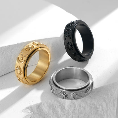 Stern-Mond-Sonne Titanring | Drehbarer Anti-Stress-Ring - 316L Edelstahl mit Himmelsmotiv