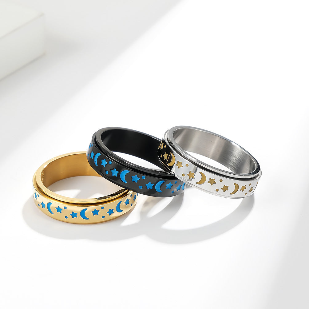 Stern-Mond Titanring mit Nachleuchteffekt | Drehbarer Anti-Stress-Ring - 316L Edelstahl für Damen & Herren
