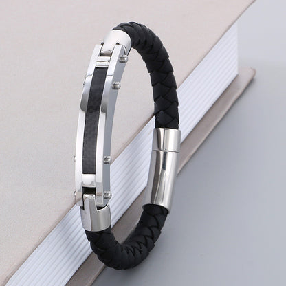 Modisches Herren-Armband aus Edelstahl & geflochtenem Leder - Mit Fiber- oder Stahldraht-Einlagen