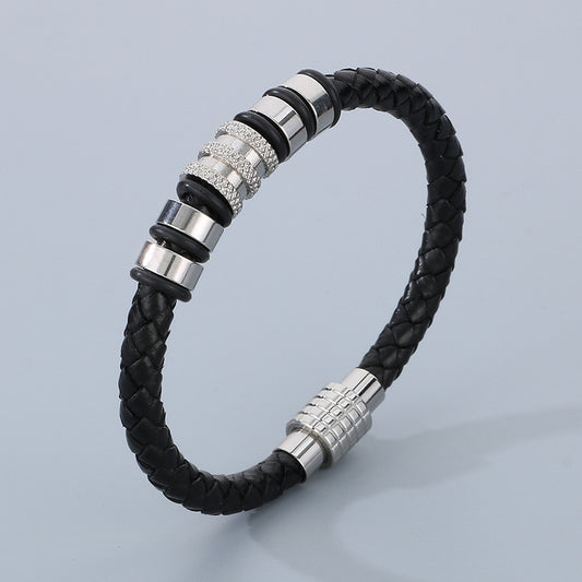 Ledergeflecht-Armband für Herren mit Edelstahl-Magnetverschluss