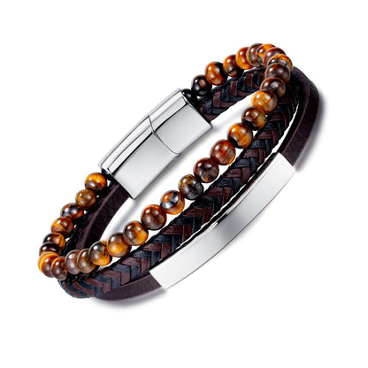 Geflochtenes Lederarmband mit Tigerauge für Männer – Mehrlagiges Design