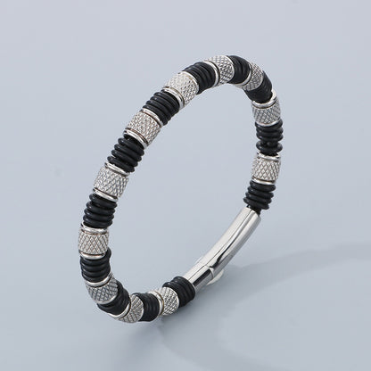 Edelstahl-Armband für Männer mit Microfaser-Leder-Einsatz – Zeitloses Perlen-Design für Business & Freizeit