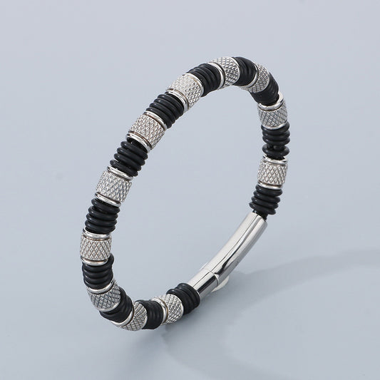 Edelstahl-Armband für Männer mit Microfaser-Leder-Einsatz – Zeitloses Perlen-Design für Business & Freizeit