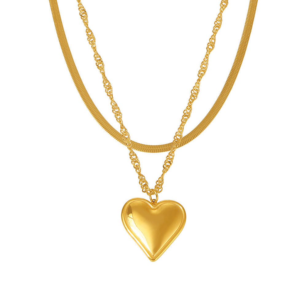 Wellenförmige Klingenkette mit Herz-Anhänger | Doppelschichtige Edelstahlkette in 18K Gold oder Hochglanz-Silberoptik
