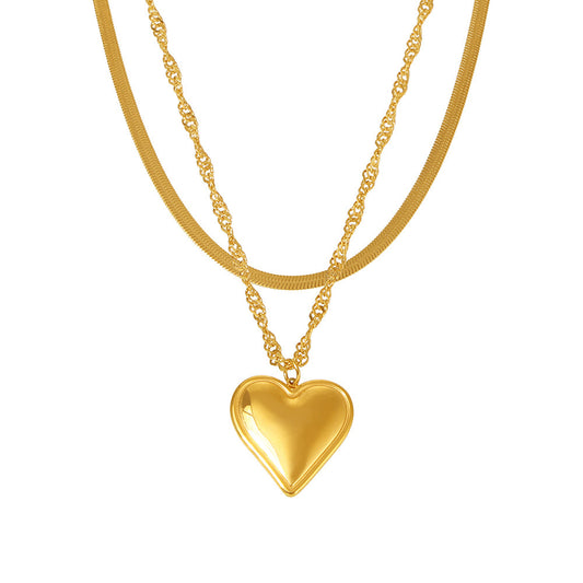 Wellenförmige Klingenkette mit Herz-Anhänger | Doppelschichtige Edelstahlkette in 18K Gold oder Hochglanz-Silberoptik