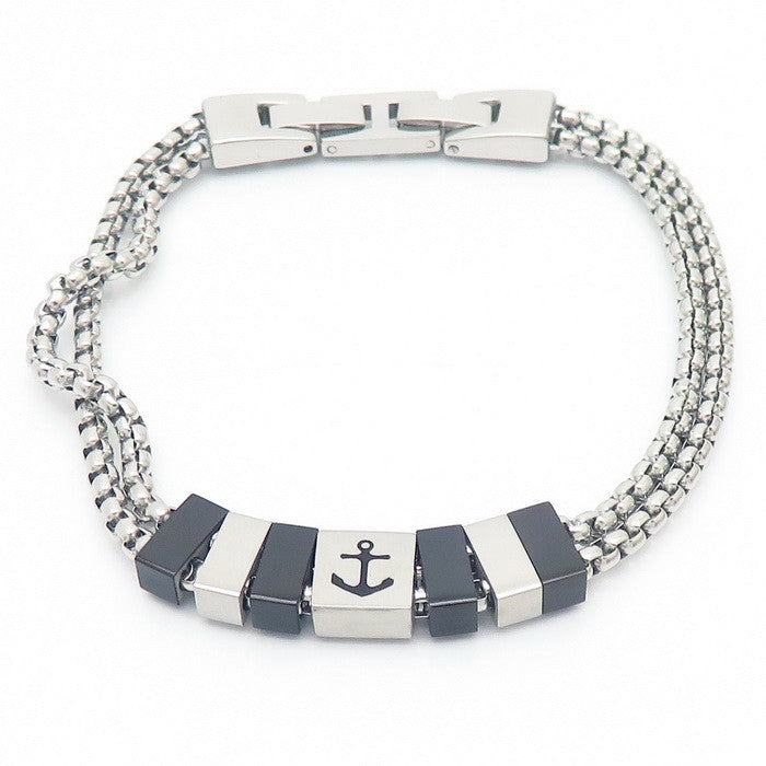 Edelstahl-Armband für Männer mit maritimen Motiven - Anker, Steuerrad, Lebensbaum und Sterne in 2-lagigem Design