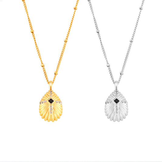 Muscheltextur-Kreuzanhänger mit Zirkonia | Edelstahlkette in 18K Gold oder Hochglanz-Silberoptik