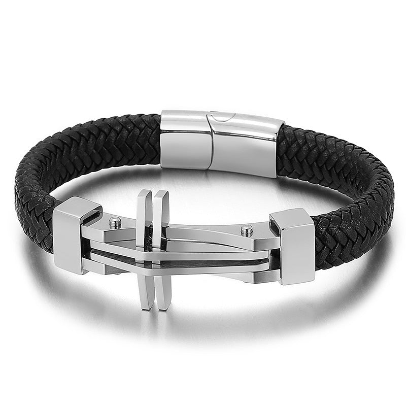 Herren Armband aus Edelstahl mit Kreuz-Anhänger & Lederflechtung | Hypoallergen
