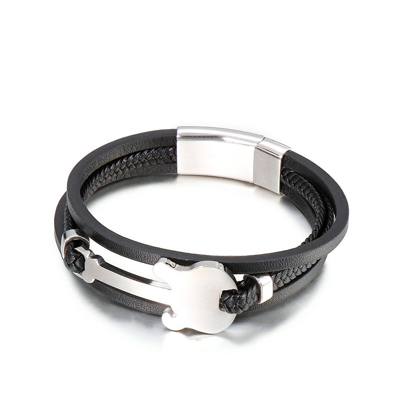 Titanstahl-Armband mit Mini-Gitarrenanhänger – Mehrlagiges geflochtenes Lederband im Vintage-Design