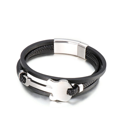 Titanstahl-Armband mit Mini-Gitarrenanhänger – Mehrlagiges geflochtenes Lederband im Vintage-Design