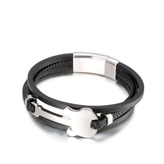 Titanstahl-Armband mit Mini-Gitarrenanhänger – Mehrlagiges geflochtenes Lederband im Vintage-Design