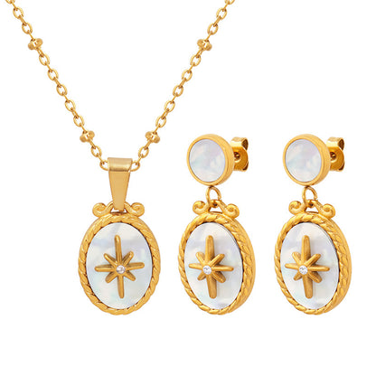 Weißes Muschel-Stern-Anhänger Set mit Zirkonia | Edelstahl Schmuck in 18K Gold oder Hochglanz-Silber - Inklusive Ohrstecker