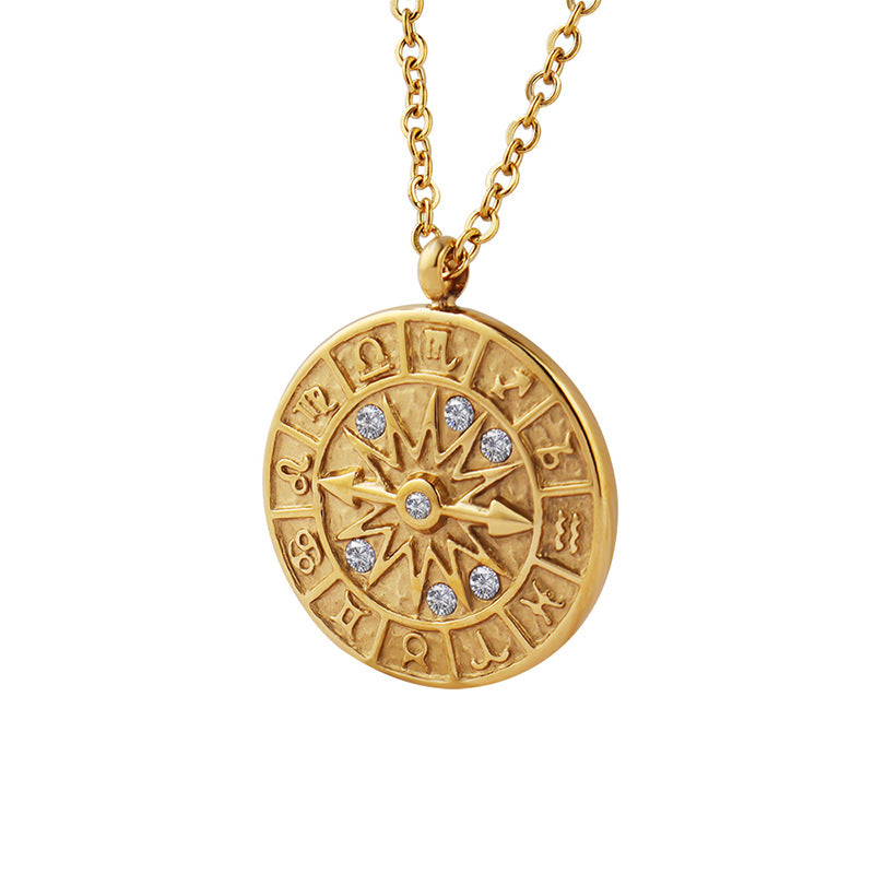 Retro-Medaille-Anhänger mit Zirkonia & Relief-Zifferblatt – Edelstahlkette in Gold oder Silber