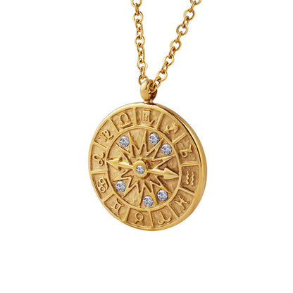 Retro-Medaille-Anhänger mit Zirkonia & Relief-Zifferblatt – Edelstahlkette in Gold oder Silber