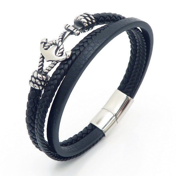 Maritimes Lederarmband mit Anker-Charm aus Edelstahl – Mehrlagig handgeflochten
