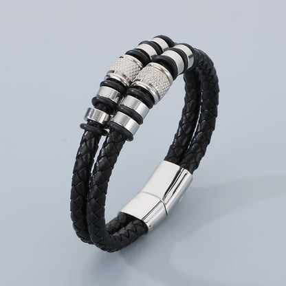 Mehrlagiges Ledergeflecht-Armband aus Edelstahl – Retro-Punk-Design mit Magnetverschluss