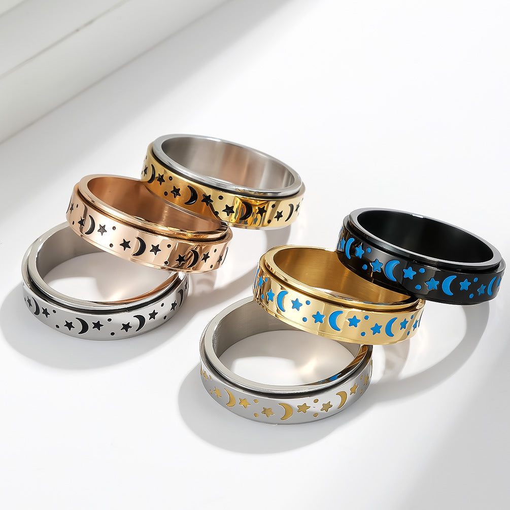 Stern-Mond Titanring mit Nachleuchteffekt | Drehbarer Anti-Stress-Ring - 316L Edelstahl für Damen & Herren