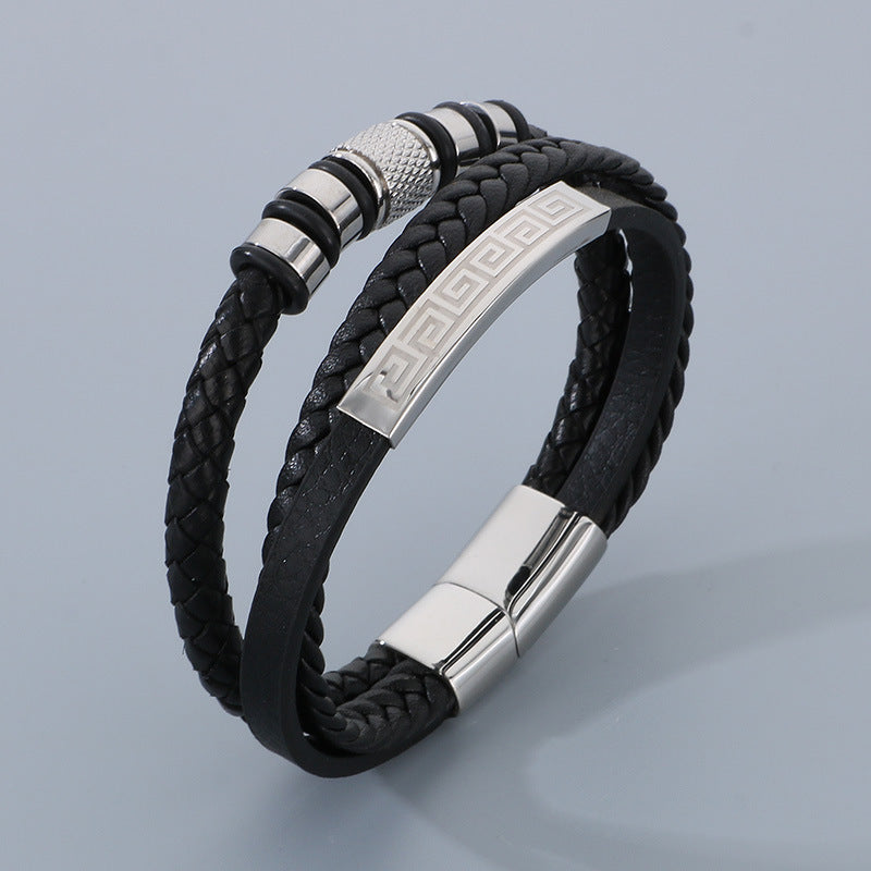Herren-Armband aus Titanstahl - Mehrlagiges Ledergeflecht mit gebogenem Edelstahlblech und Magnetverschluss