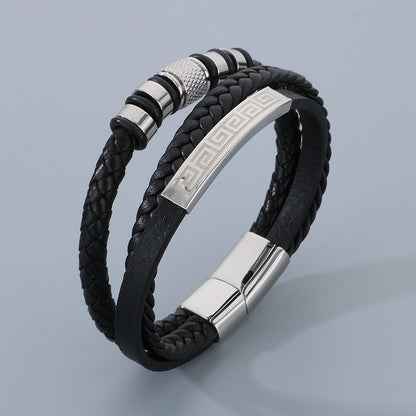 Herren-Armband aus Titanstahl - Mehrlagiges Ledergeflecht mit gebogenem Edelstahlblech und Magnetverschluss