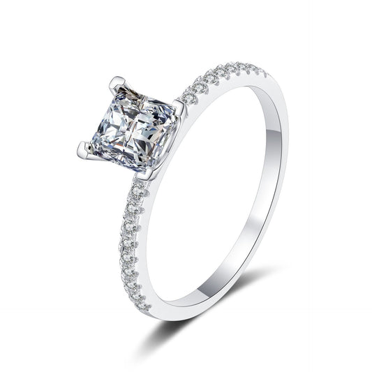 Prinzessin-Schliff Zirkonia Ring mit Pavé-Fassung | 1ct Hauptstein in S925 Sterlingsilber mit Rhodium-Plattierung