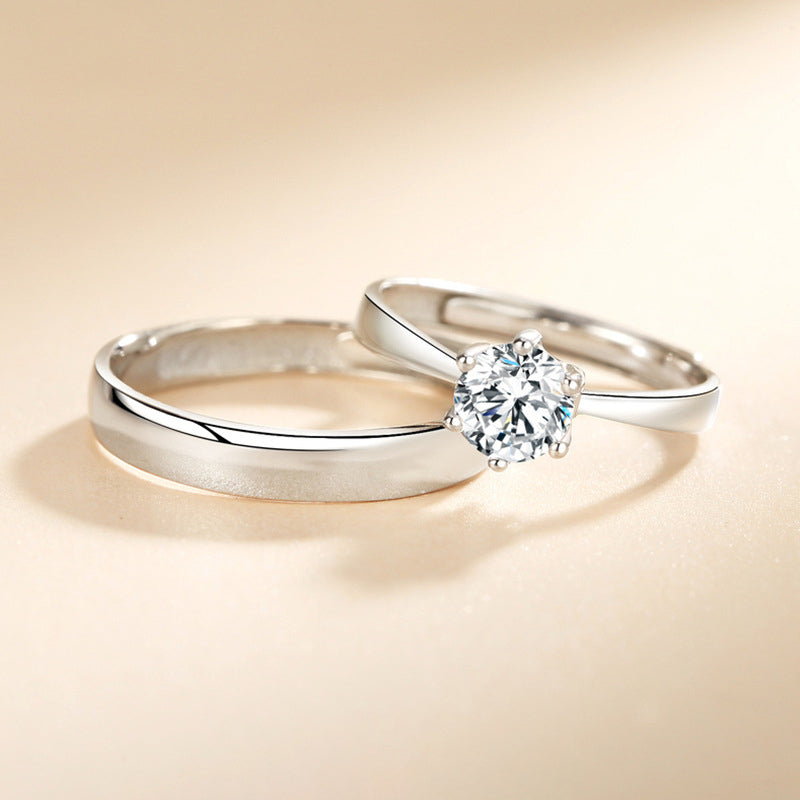 S925 Sterlingsilber Paarringe (6-Prong) - Rhodinierte Weißgold-Optik, verstellbar & mit Zirkonia