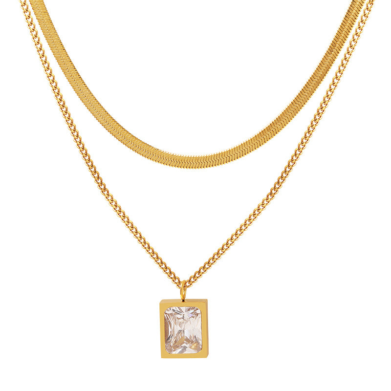 Zirkonia-Würfel Anhänger mit Doppelkette | Titanstahl Schmuck in 18K Gold oder Hochglanz-Silber - Stapelbares Statement