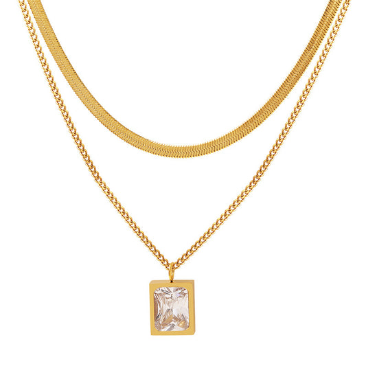 Zirkonia-Würfel Anhänger mit Doppelkette | Titanstahl Schmuck in 18K Gold oder Hochglanz-Silber - Stapelbares Statement