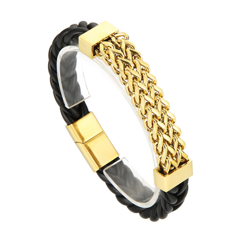 Doppelreihiges Leder-Armband mit Titanstahl-Kette – Magnetverschluss für Herren