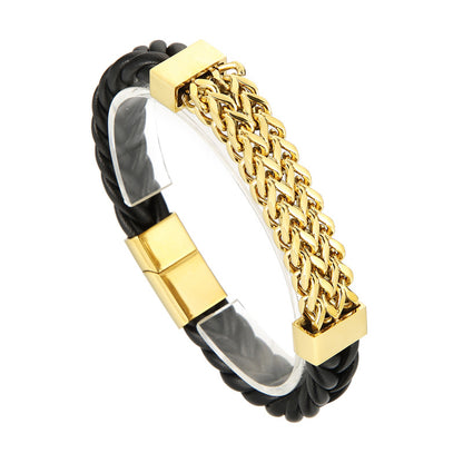 Doppelreihiges Leder-Armband mit Titanstahl-Kette – Magnetverschluss für Herren