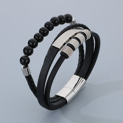 Vintage Lederarmband für Herren mit Vulkanstein & Magnetplatte – Mehrlagige Mikrofaser-Flechtung