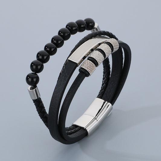 Vintage Lederarmband für Herren mit Vulkanstein & Magnetplatte – Mehrlagige Mikrofaser-Flechtung