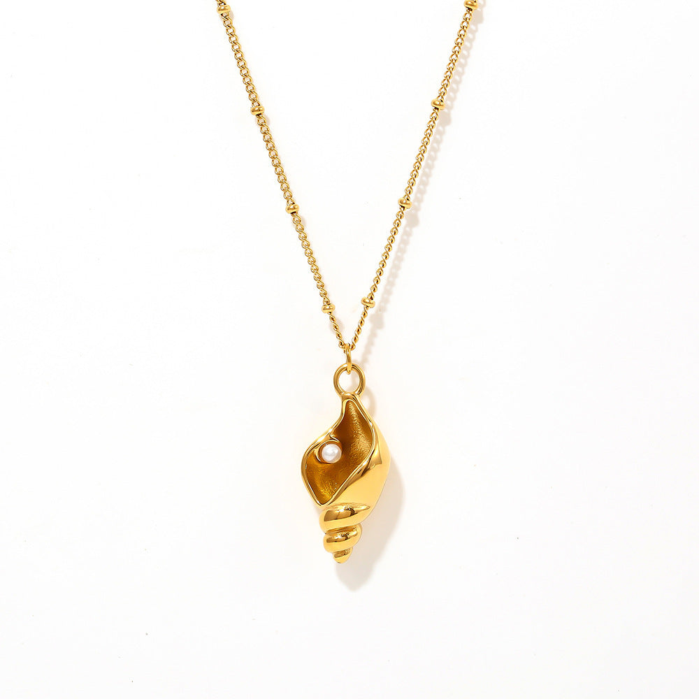 Schneckenhaus-Anhängerkette mit Kunstperle | Stapelbares Edelstahl-Set - 18k Gold oder Hochglanz-Silberoptik