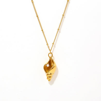 Schneckenhaus-Anhängerkette mit Kunstperle | Stapelbares Edelstahl-Set - 18k Gold oder Hochglanz-Silberoptik