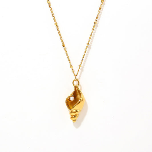 Schneckenhaus-Anhängerkette mit Kunstperle | Stapelbares Edelstahl-Set - 18k Gold oder Hochglanz-Silberoptik