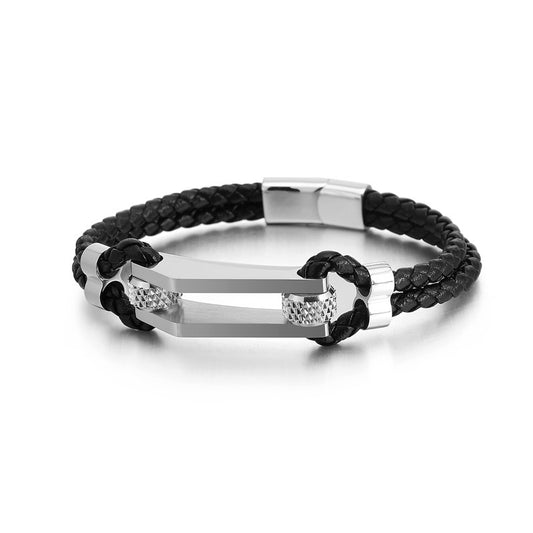 Edelstahl-Armband mit doppeltem Ledergeflecht – Titanstahl-Akzente für urbanen Style