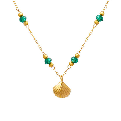 Zarter Kristallperlen-Anhänger mit Muscheldesign – 18K vergoldeter Edelstahl