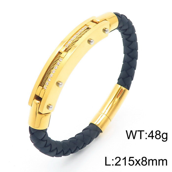 Herren Armband mit Stahldraht-Einlage – Geflochtenes Edelstahl-Lederband