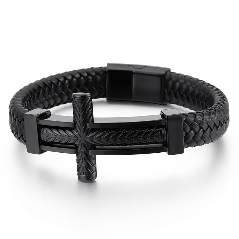 Herren Armband aus geflochtenem Leder mit Edelstahl-Kreuz – Robustes Männer-Armband