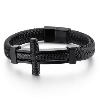 Herren Armband aus geflochtenem Leder mit Edelstahl-Kreuz – Robustes Männer-Armband