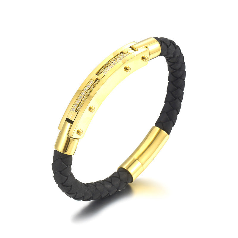 Herren Armband mit Stahldraht-Einlage – Geflochtenes Edelstahl-Lederband