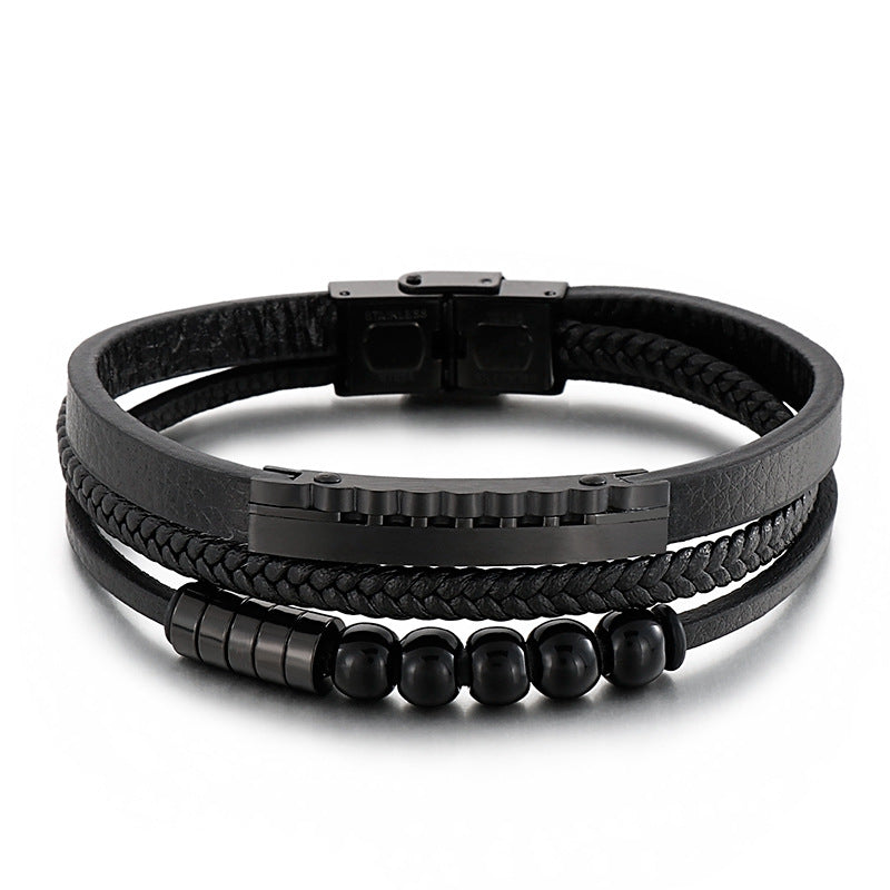Mehrlagiges geflochtenes Lederarmband mit Edelstahl & geometrischen Perlen – Handgefertigter Unikatschmuck
