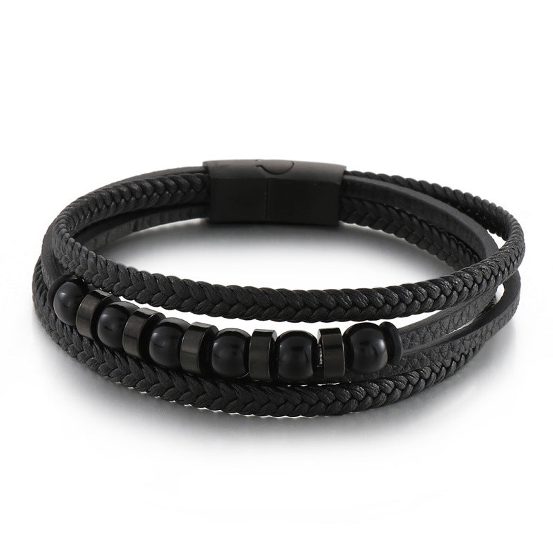 Mehrlagiges schwarzes Lederarmband mit Edelstahl-Akzenten – Handgeflochtener Unikatschmuck